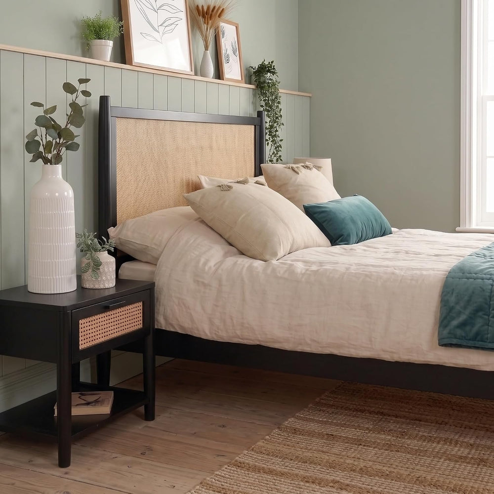 Merax Black Queen Size Platform Bed Frame with Rattan Headboard