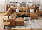 SITJOY 113" Faux Leather Modular Sectional Sofa with Storage, Mid Century Modern Sectional Couches for Living Room, Soft Padded Armrests, 9 Seat V Shaped Sectional Couch with Chaise, Brown