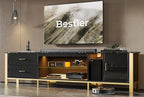 Bestier TV Stand for 75/80/85/90 Inch TVs, LED Gaming Entertainment Center, Modern TV Cabinet with Glass Shelves for Living Room, 2 Storage Drawers & Cabinets for Bedroom, Black Glossy