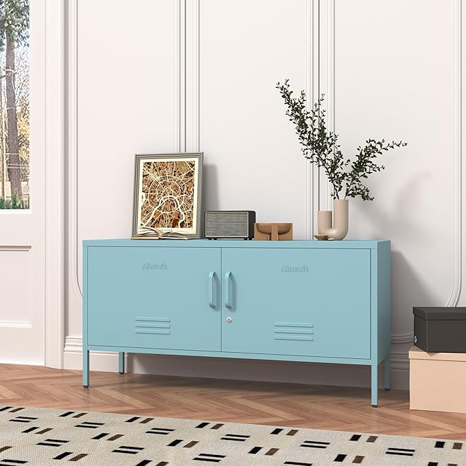 Blue Lockable Metal TV Stand Entertainment Center, Heavy Duty Storage Cabinet Supports 80+ Inch TVs, Multifunctional Media Console for Home Living Room Office 22" H X 35.4" W X 13.8" D