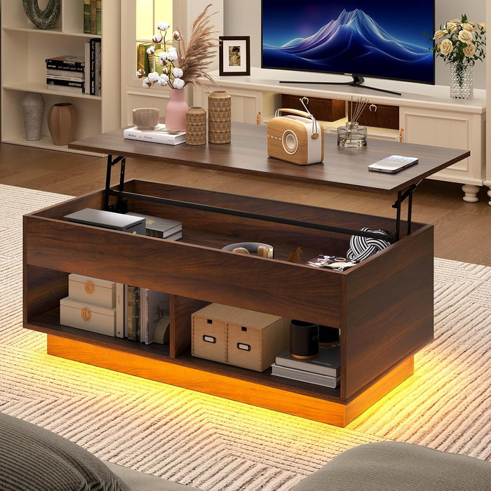 HOMMPA Modern Lift Top Coffee Table with Storage for Living Room LED Coffee Table Wodden Lift Tabletop Dining Table with Hidden Compartment and Metal Frame, Walnut