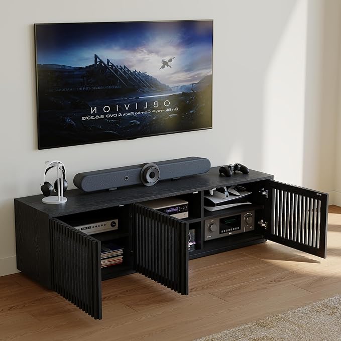 POVISON Mid Century Modern Wood Slatted TV Stand with LED Lights, Media Console for 55+ Inch TV, Entertainment Center with Storage Cabinet for Living Room, Fully-Assembled (Black, 59.06")