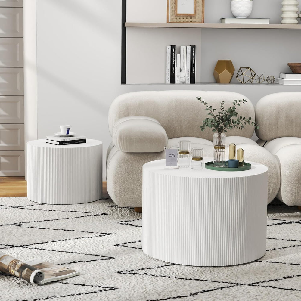 Nesting Coffee Table Set of 2, Round Wood Accent Table, White | Modern Wooden...