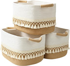 2 Pack Storage Basket for Shelves, Boho Cotton Rope Storage Bins with Heavy Tassel, Shelf Baskets Large Woven Baskets for Organizing, Cube Organizer Bins, Baby Laundry Basket for Clothes, Toys, Pets