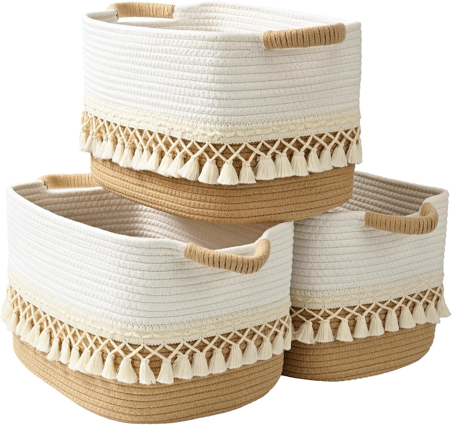 2 Pack Storage Basket for Shelves, Boho Cotton Rope Storage Bins with Heavy Tassel, Shelf Baskets Large Woven Baskets for Organizing, Cube Organizer Bins, Baby Laundry Basket for Clothes, Toys, Pets