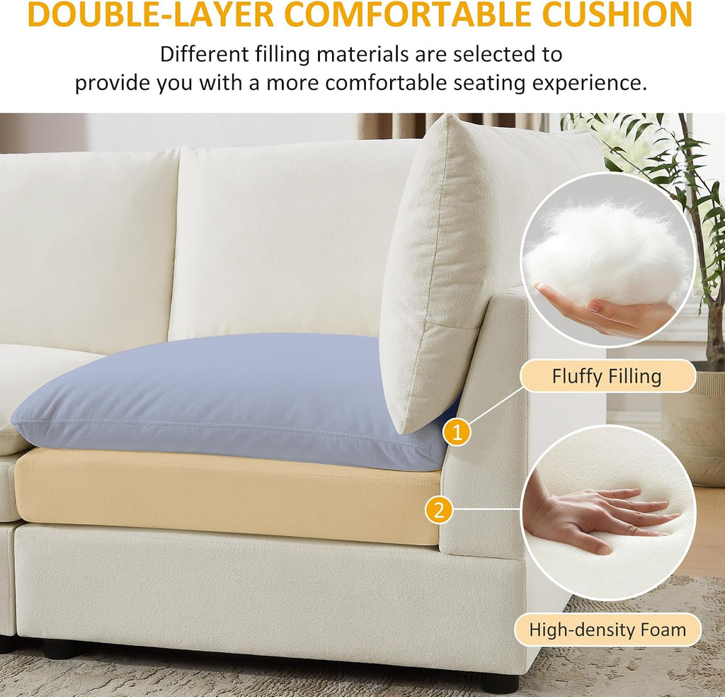 98" Cloud Modular Sectional Sofa Couches with Ottoman, Ivory White | Oversized Modern Sleeper Sofa with Deep Seat Double-Layer Thick Cushion, Convertible Upholstered Sofa Set for Living Room