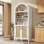 IDEALHOUSE Arched Kitchen Pantry Cabinet with Doors, 5 Tiers Open Boho Display Shelf with Rattan Decor, Farmhouse Storage Cabinet for Dining Room, Living Room, Bathroom, Home Office, White