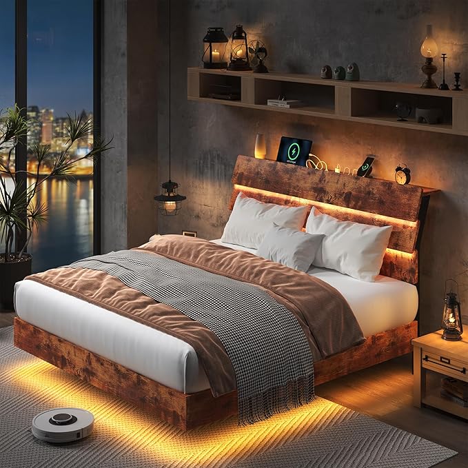 Feonase Floating Bed Frame Full with Led Lights and Charging Station, Wood Full Size Bed Frame with Storage Headboard, Heavy Duty Metal Slats, No Box Spring Needed, Easy Assembly, Vintage Brown