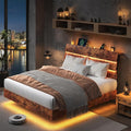 Feonase Floating Bed Frame Full with Led Lights and Charging Station, Wood Full Size Bed Frame with Storage Headboard, Heavy Duty Metal Slats, No Box Spring Needed, Easy Assembly, Vintage Brown