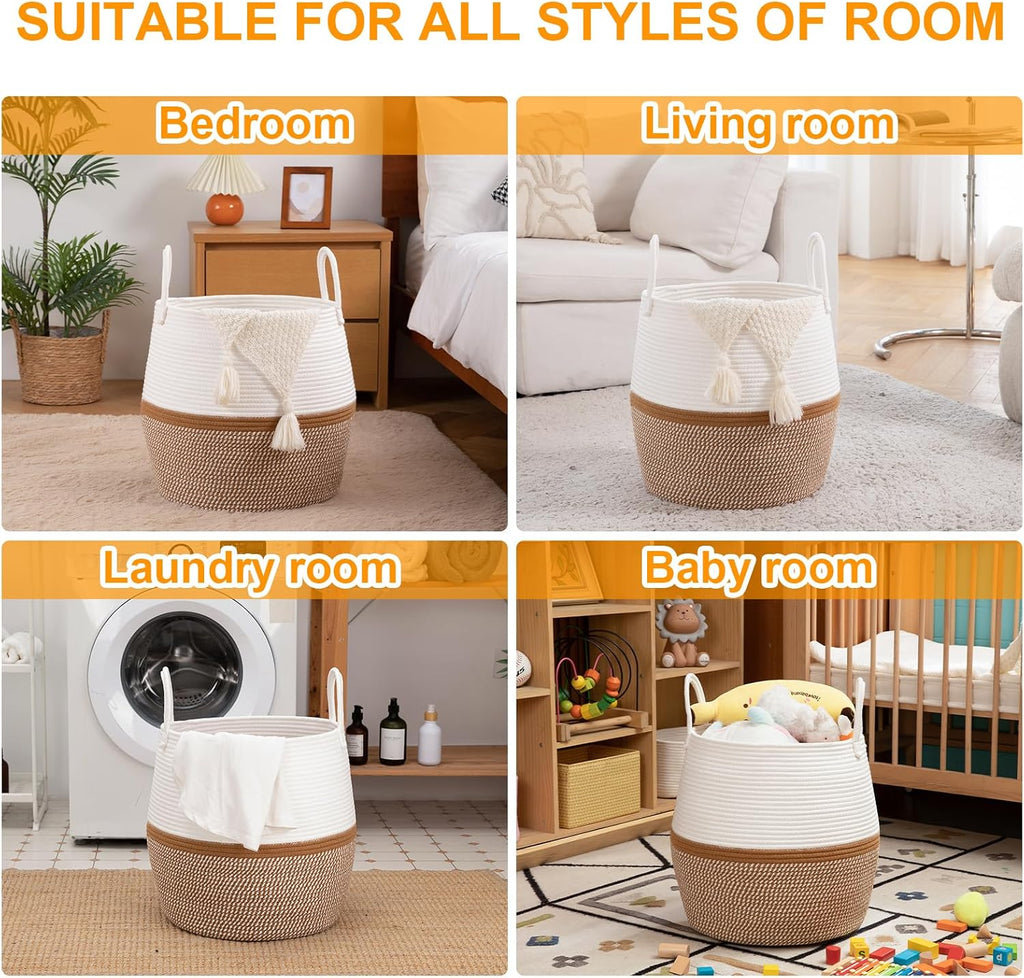 OIAHOMY 60L Blanket Basket with Handle, Storage Basket for Living Room, Laundry Hamper for Clothes, Towels, Pillows, Toy Storage for Kids and Dogs, Baby Hamper for Nursery - Brown & White