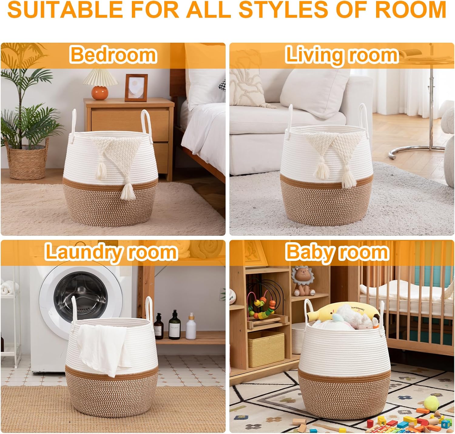 OIAHOMY 60L Blanket Basket with Handle, Storage Basket for Living Room, Laundry Hamper for Clothes, Towels, Pillows, Toy Storage for Kids and Dogs, Baby Hamper for Nursery - Brown & White