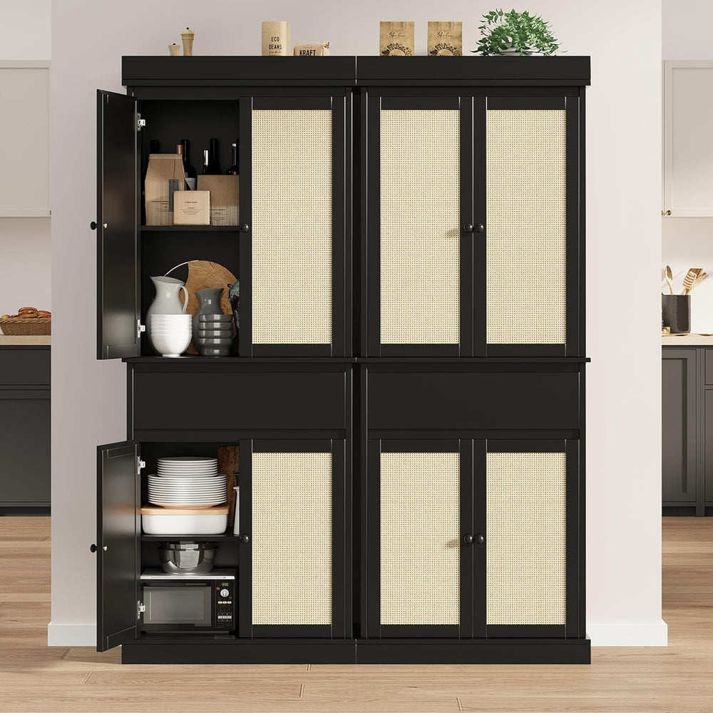 Tall Kitchen Pantry Cabinet - Rattan Doors, Adjustable Shelves, Freestanding ...