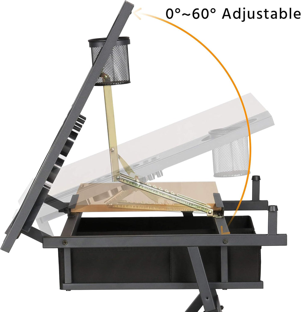 Yaheetech Adjustable Drafting Table Art Desk, Storage Drawers & Stool, Wo...