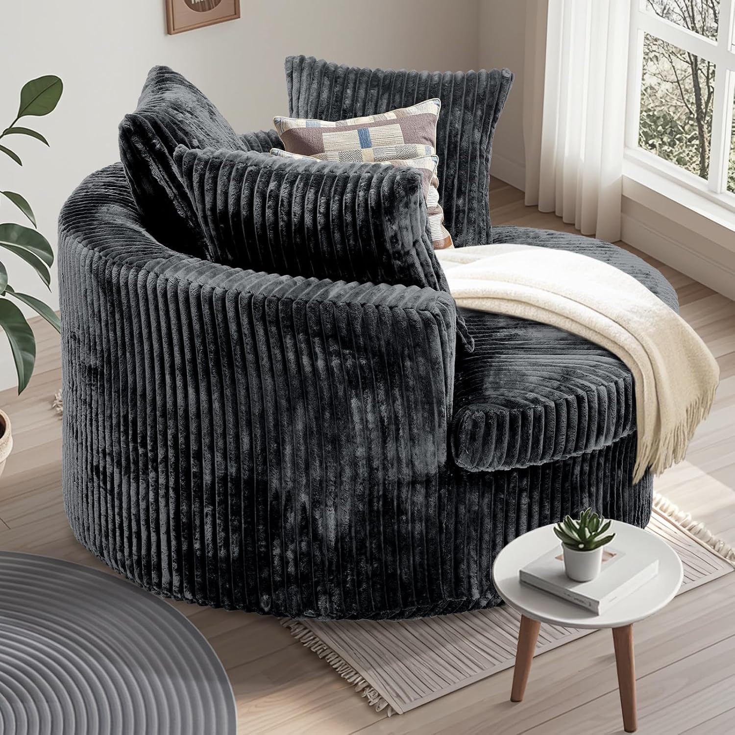59" Oversized Round Chaise Lounge Chair Indoor with Throw Pillows | No Assembly Required, Corduroy Fabric, Plush Round Sleeper Lounge for Living Room Bedroom