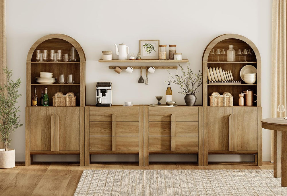 WAMPAT 6 in 1 71" Arched Bookcase with Doors, Walnut