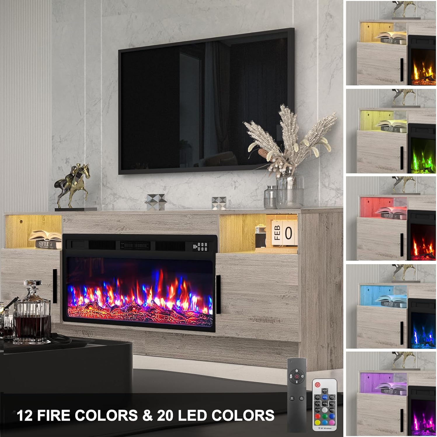 Kucreiheat TV Stand with Fireplace, Led Lights-Entertainment Center for Up to 80 inch TV-Modern TV Console for Living Room with Storage Cabinet, Faux Log Fireplace TV Stand, Oak Grey