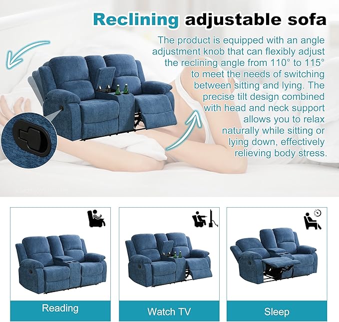 Recliner Sofa Set Couches for Living Room Chair Fluffy Fabric Living Room Furniture Sets, Adjusted Loveseat Loveseat Reclining Couch Furniture Sofa Set for Theater Seating, Light Blue