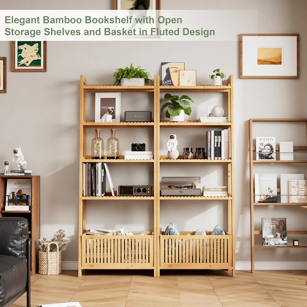 Bamjoy Bamboo Ladder Shelf, Bookshelf with 4 Display Shelves and 1 Open Stora...