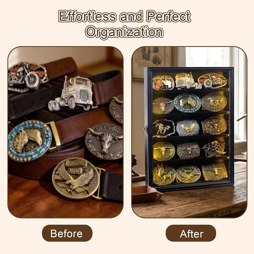 Belt Buckle Display Case, 5 Belt Buckle Holders Included, 17x12 Black Shadow Box with LED Light, Wall-Mounted Men's Belt Clip Storage Box, Lockable