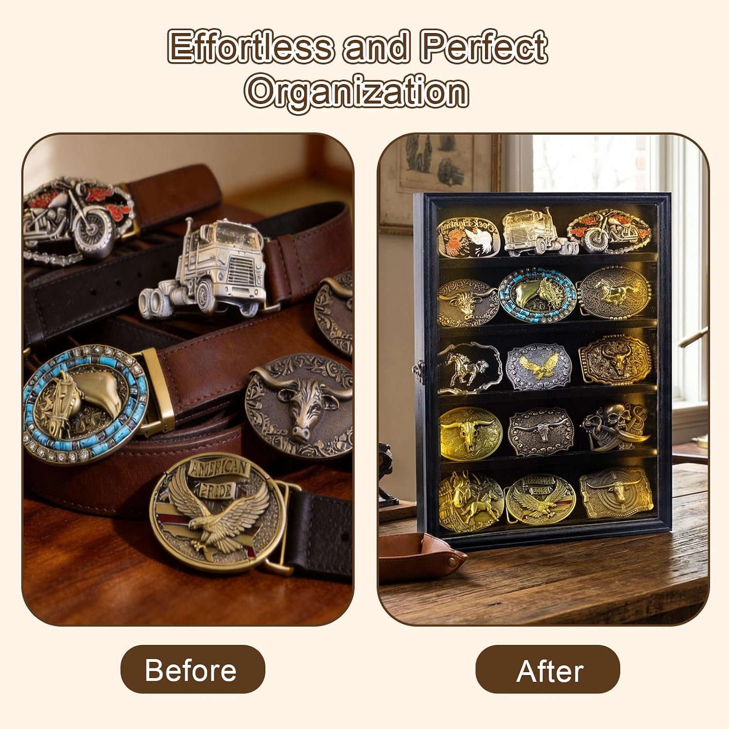 Belt Buckle Display Case, 5 Belt Buckle Holders Included, 17x12 Black Shadow Box with LED Light, Wall-Mounted Men's Belt Clip Storage Box, Lockable