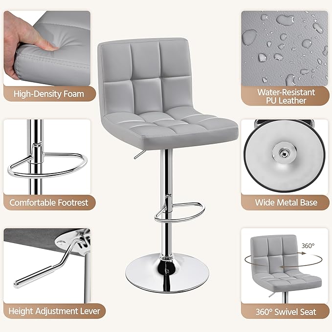 Yaheetech Bar Stools Set of 2, PU Leather Adjustable Barstools, Modern Counte...