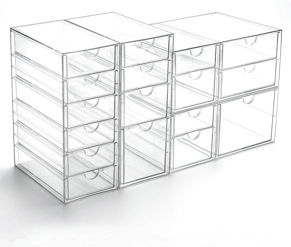 Prsildan Acrylic Drawer Organizer with 17 Drawers, Craft Office Desk Makeup Organizers Accessories, Set of 4 Clear Stackable Storage Drawers for Vanity, Countertop, Jewelry, Art Supply Organization