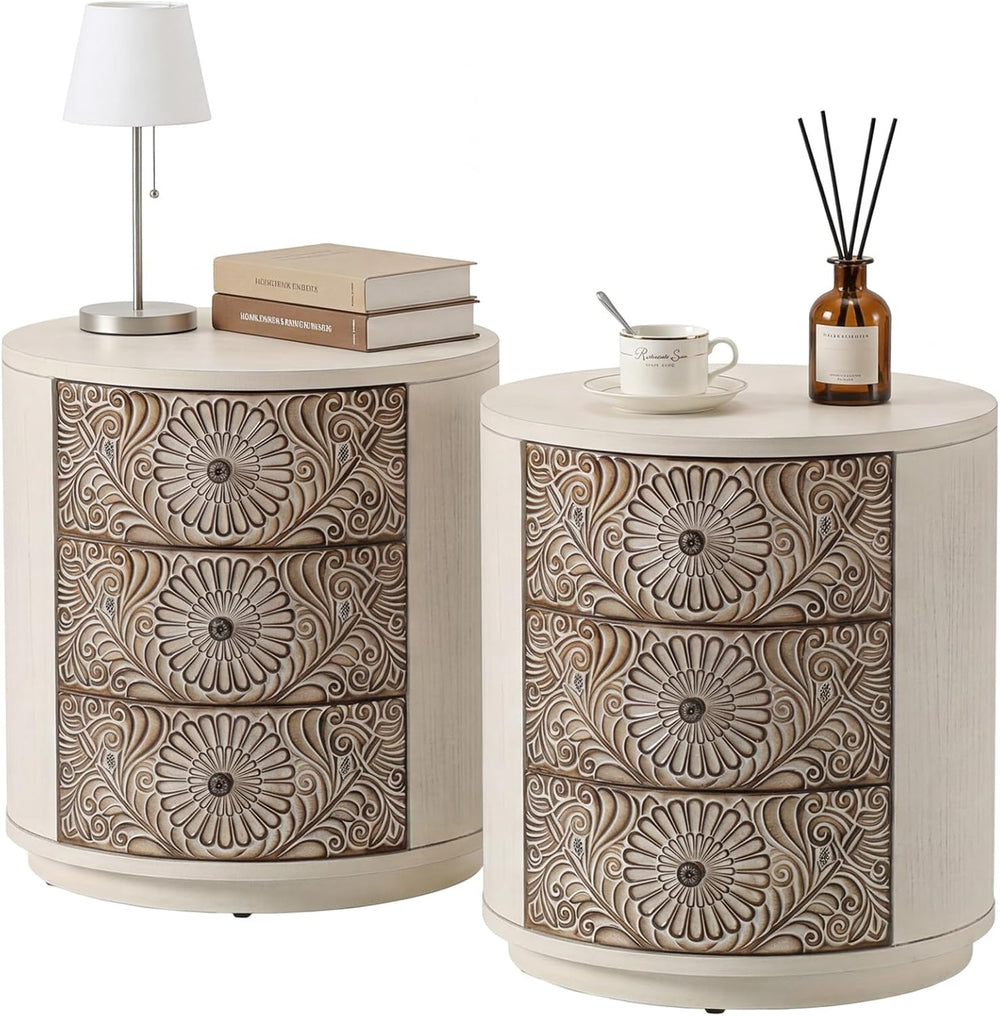 HOMPUS Round End Table Set 2, Fully Assembled Nightstand w 3 Storage Drawers,...