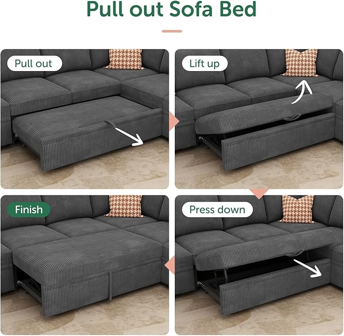 HONBAY Modular Sectional Pull Out Couch Bed, Corduroy Sleeper Sofa with Storage Seats, Oversized U Shaped Sectional Couches for Living Room, Dark Grey