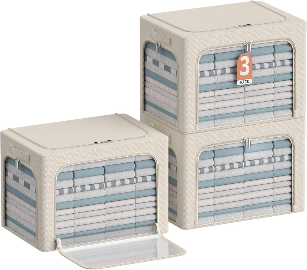 CYhom 3Pack Clothes Storage Bins - Oxford Frame Storage Box Foldable Stackable Storage Organizer with 3 Openings Design, Metal Frame, Clear Window, Carry Handles (66L-19.7 * 15.7 * 13, Beige)