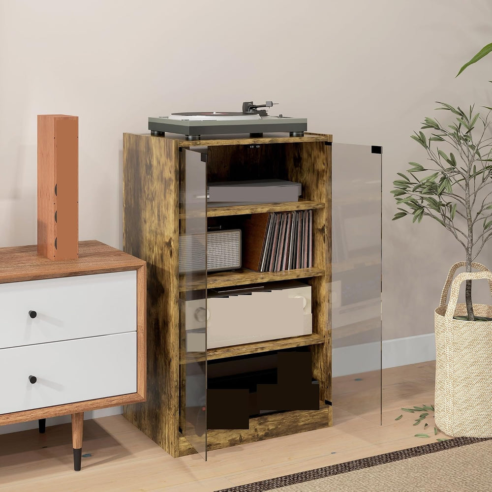 Retro Media Cabinet with 4-Tier Stereo, Modern Audio Video Media Stand with A...