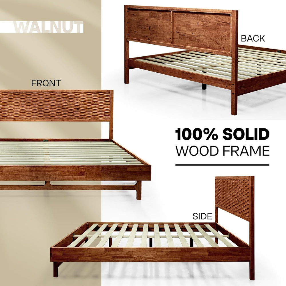 Acacia Elara Wood Bed Frame with CNC-Carved Headboard, Queen Size, Walnut