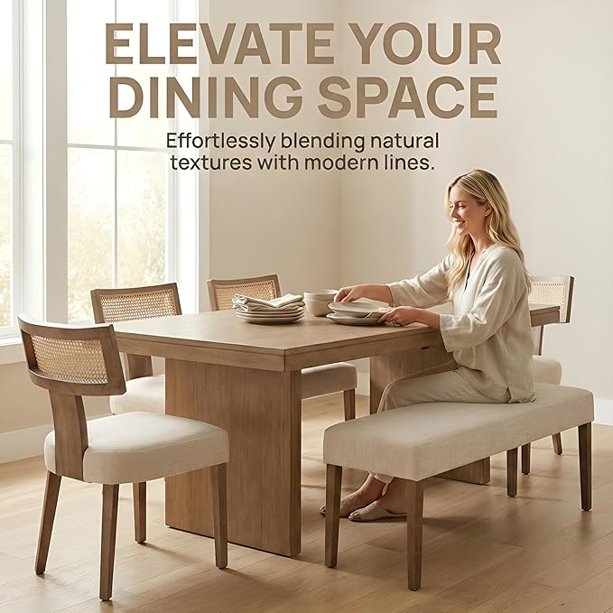 HNY Mid Century Modern Rattan Dining Chairs Set of 6, Farmhouse Linen Upholstered Accent Chair Curved Backrest Kitchen Chairs, with Hardwood Frame, Beige