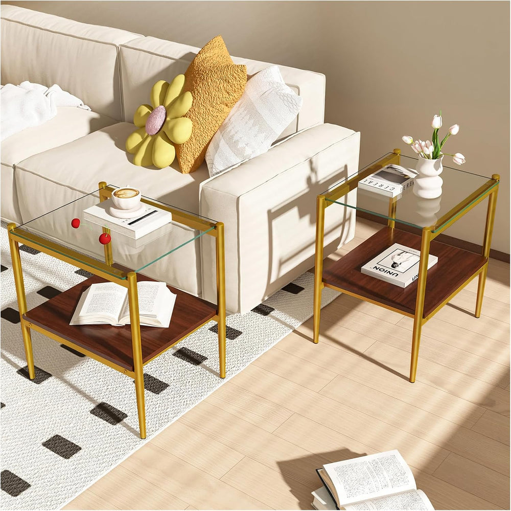 Modern Tempered Glass End Table, 19.1"L x 15.35"W Side Table with S...