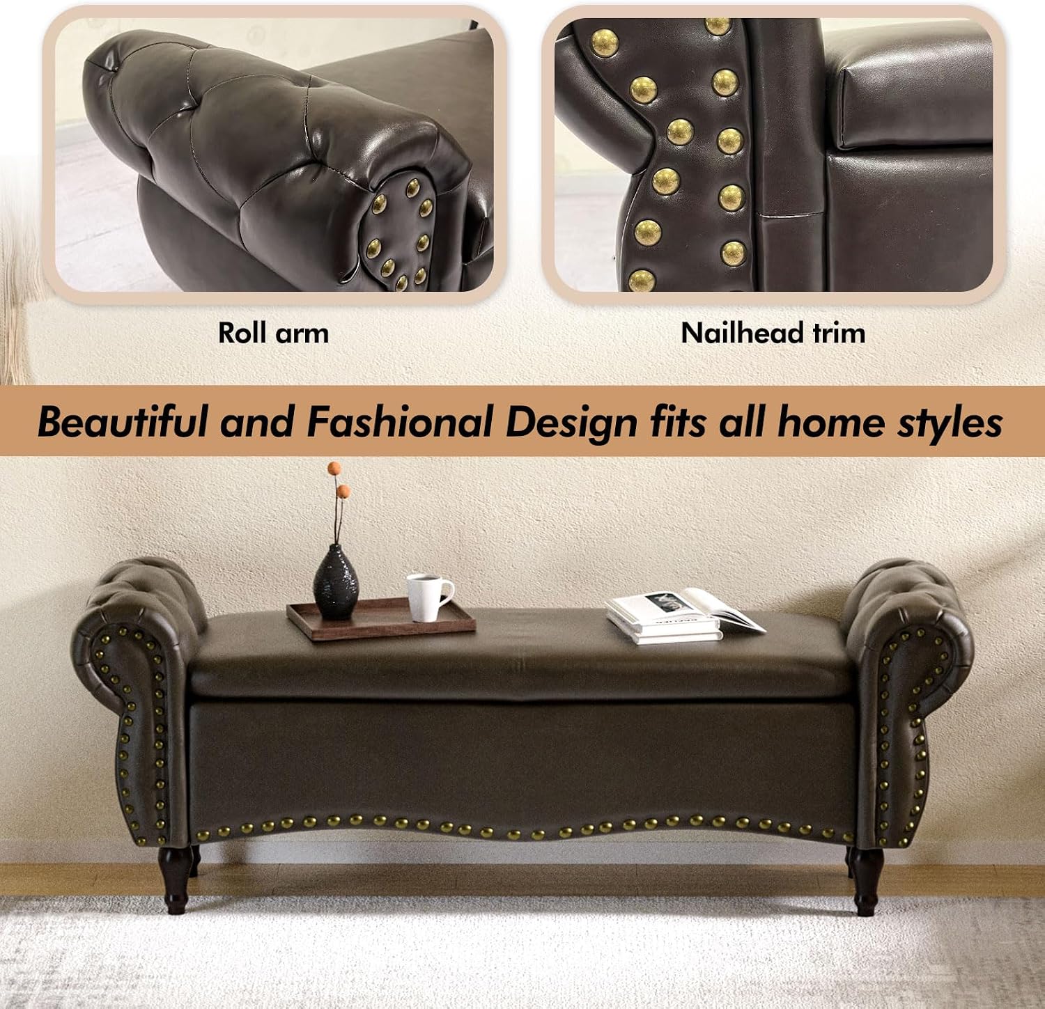 ZZW Storage Ottoman Bench, 51" Length Upholstered End of Bed Storage Bench for Bedroom with Safety Hinge, Tufted Bed Benches with Rolled Arm and Nailhead Trim for Living Room, Entryway Dark Brown