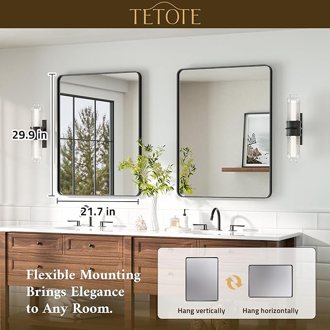 TETOTE Black Bathroom Mirror 22 x 30 Matte Black Metal Framed Vanity Mirror, ...