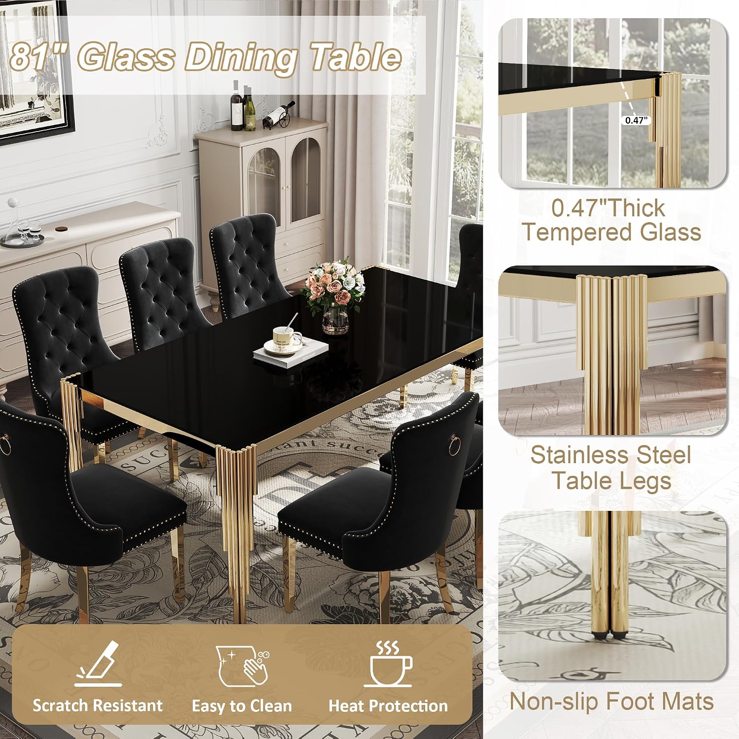 9 Piece Glass Dining Table Set for 8, 81" Rectangle Kitchen Table with 8 Black Velvet Upholstered Chairs, Tempered Glass Tabletop with Stainless Steel Legs, for Kitchen and Dining Room, Gold Black