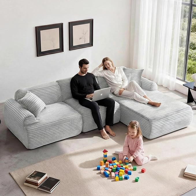 Modular Floor Sofa, Cozy Corduroy Sectional Couch with Fully Washable Covers, Frameless L Shaped Couch for Living Room, Family & Pet Friendly Lounge,No Assembly(Light Gray,Right Facing Chaise)