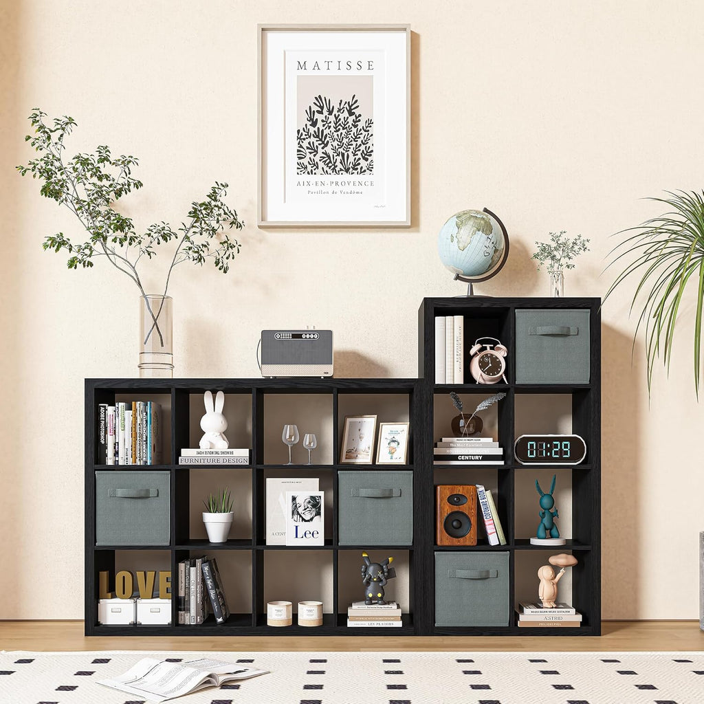 Bookshelf with Storage Bins, 8-Cube Storage Organizer, Modern Black Bookshelf for Bedroom, Multifunctional Display Cube Bookshelves for Living Room, Bedroom, Home Office