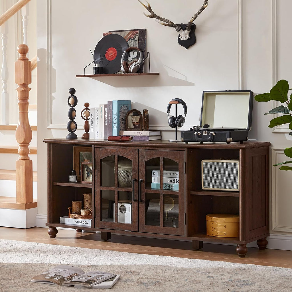 RWYHG Farmhouse TV Stand for 60 in TV, Entertainment Center for Living Room | Adjustable Shelves, Magnetic Glass Door, Sturdy Gourd Base, Wood Grain Top, High Capacity Storage Cabinet, Walnut