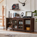 RWYHG Farmhouse TV Stand for 60 in TV, Entertainment Center for Living Room | Adjustable Shelves, Magnetic Glass Door, Sturdy Gourd Base, Wood Grain Top, High Capacity Storage Cabinet, Walnut