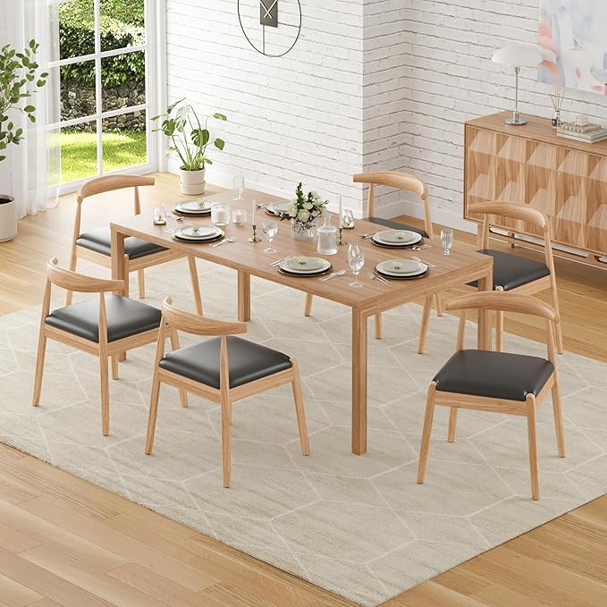 Farini Mid Century Modern Dining Chairs Set of 4, Solid Wood Frame Kitchen Chairs with PU Leather Upholstered Seat for Dining Room & Breakfast Nook,Natural-Black