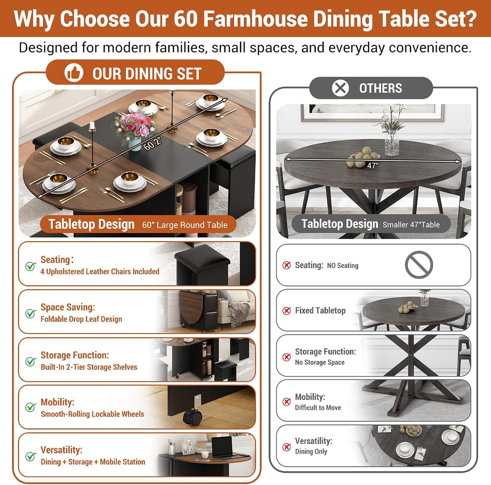 5 PCS Farmhouse Dining Table Set for 4,60" Large Round Folding Dining Ta...