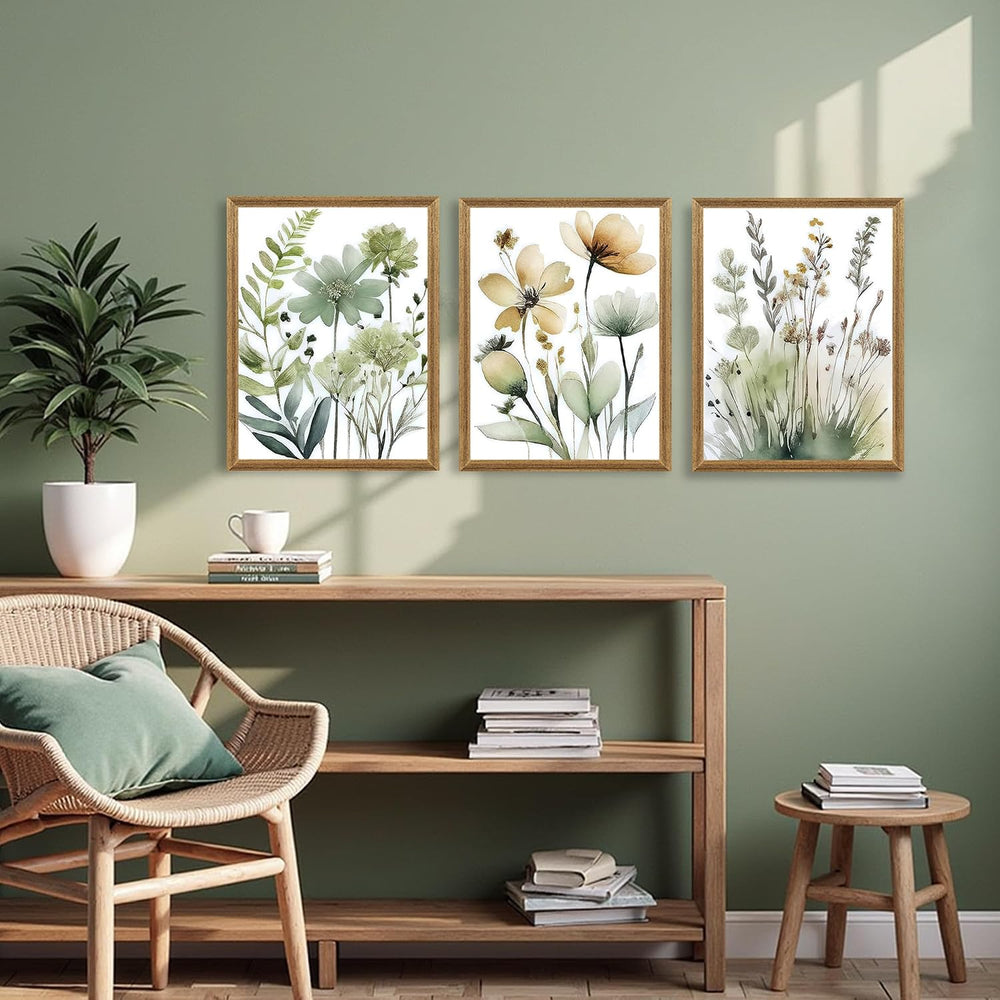 SYWENNOI Triptych, Watercolor Plant Framed Cnavas Wall Art, 12x16 in each
