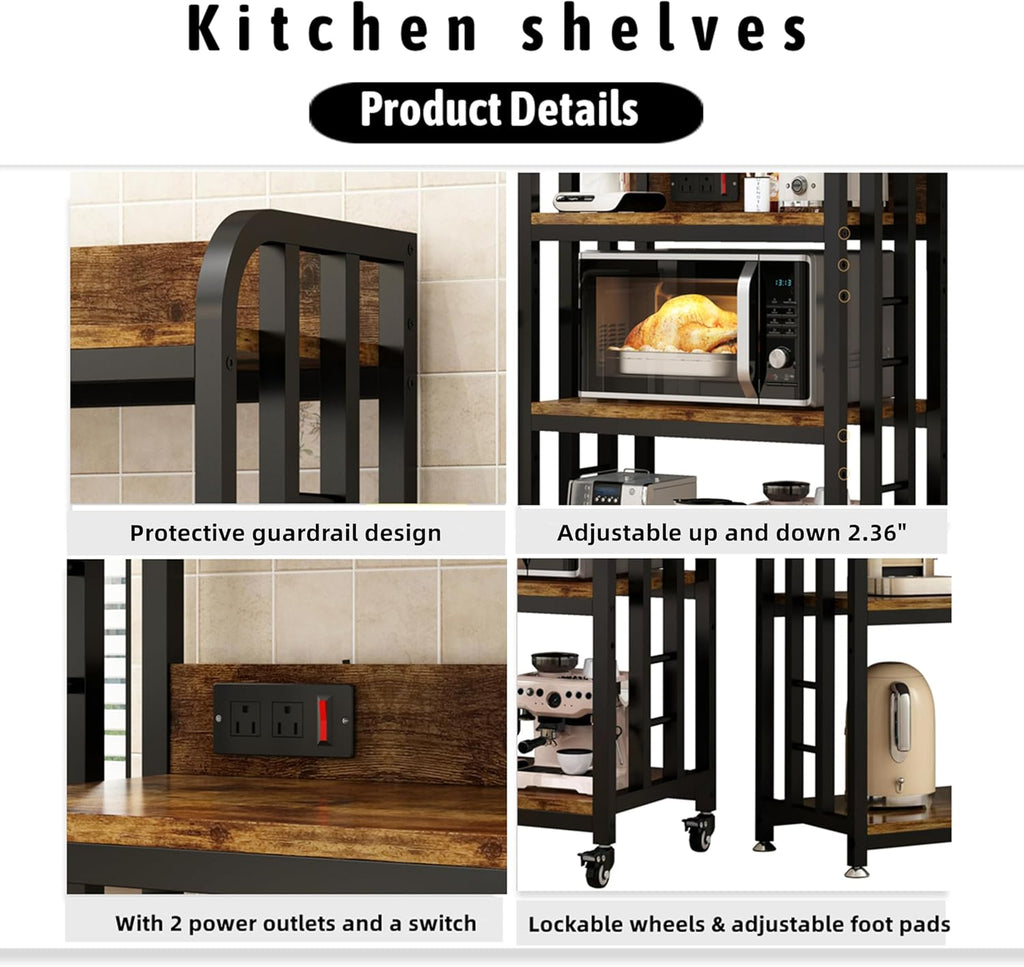 4-Tier Kitchen Bakers Rack with Power Outlet and Rolling Wheels, Microwave Stand with Storage, Adjustable Kitchen Shelves Freestadning, Coffee Bar Station, Bakers Rack for Spices, Pots and Pans, Brown