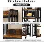 4-Tier Kitchen Bakers Rack with Power Outlet and Rolling Wheels, Microwave Stand with Storage, Adjustable Kitchen Shelves Freestadning, Coffee Bar Station, Bakers Rack for Spices, Pots and Pans, Brown