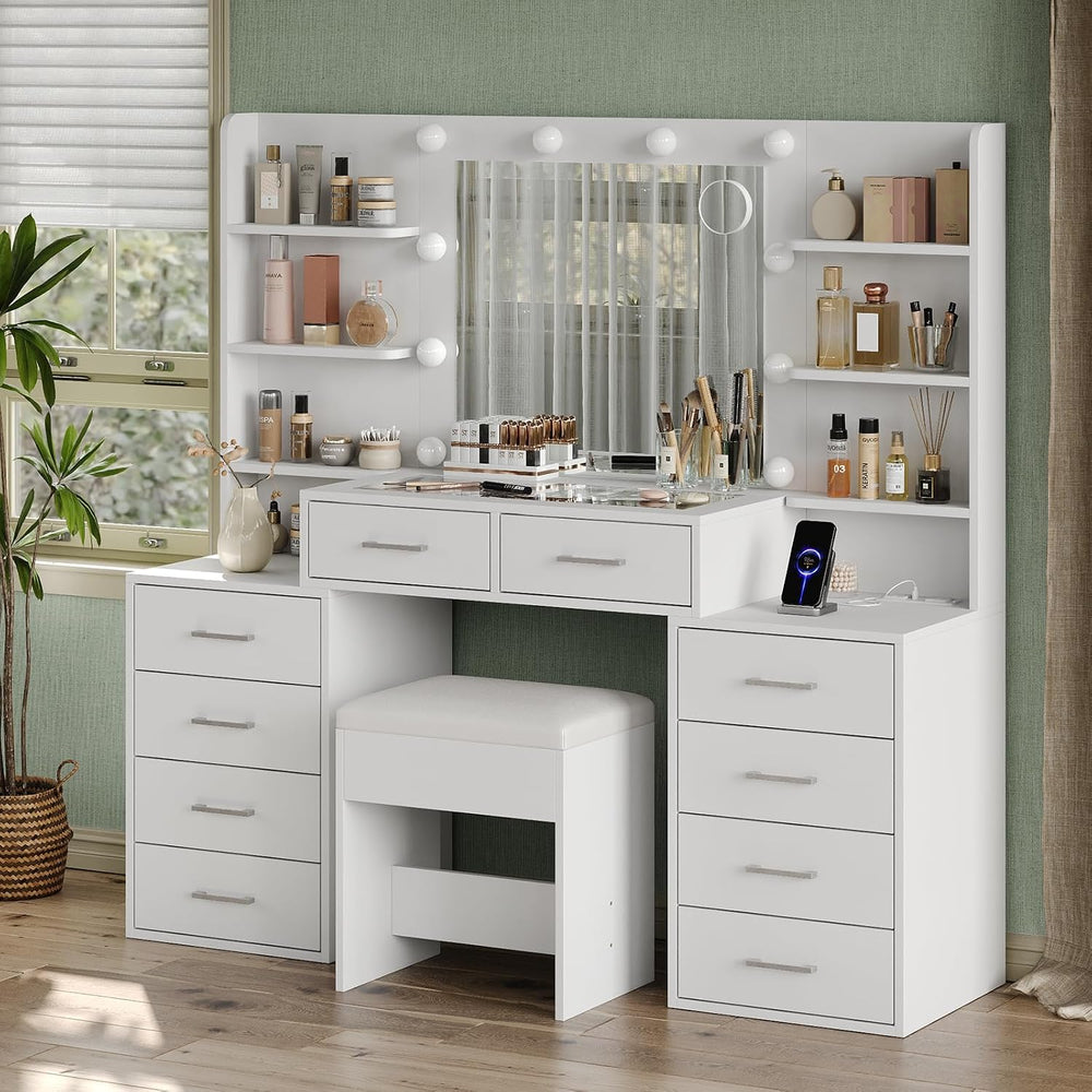 Yanosaku 55'' W Makeup Vanity with Mirror & Lights, 10 Drawers Va...