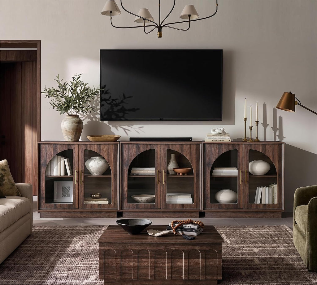FORTUNETEC 31.5" Sideboard Buffet Cabinet with Arched Glass Doors Set of 2 | Modern Accent Cabinet, Modular Media Console with Storage, Adjustable Shelves, for Living Dining Room Entryway, Dark Walnut