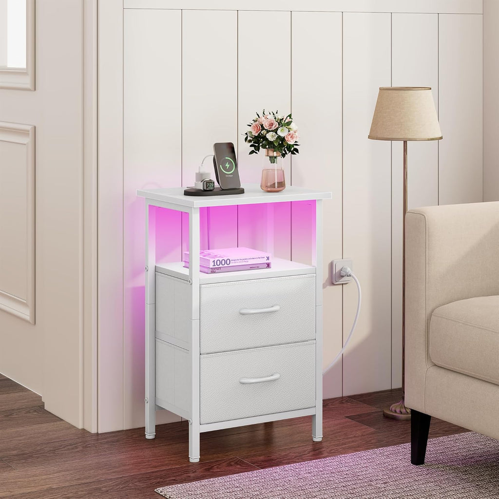 Vagusicc Nightstand Set of 2 with Charging Station, Bed side tables bedroom set of 2 with LED Lights, White Night Stands with 2 Fabric Drawers, 24.2" Tall Bedside Tables with Storage Shelf for Bedroom