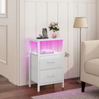 Vagusicc Nightstand Set of 2 with Charging Station, Bed side tables bedroom set of 2 with LED Lights, White Night Stands with 2 Fabric Drawers, 24.2" Tall Bedside Tables with Storage Shelf for Bedroom