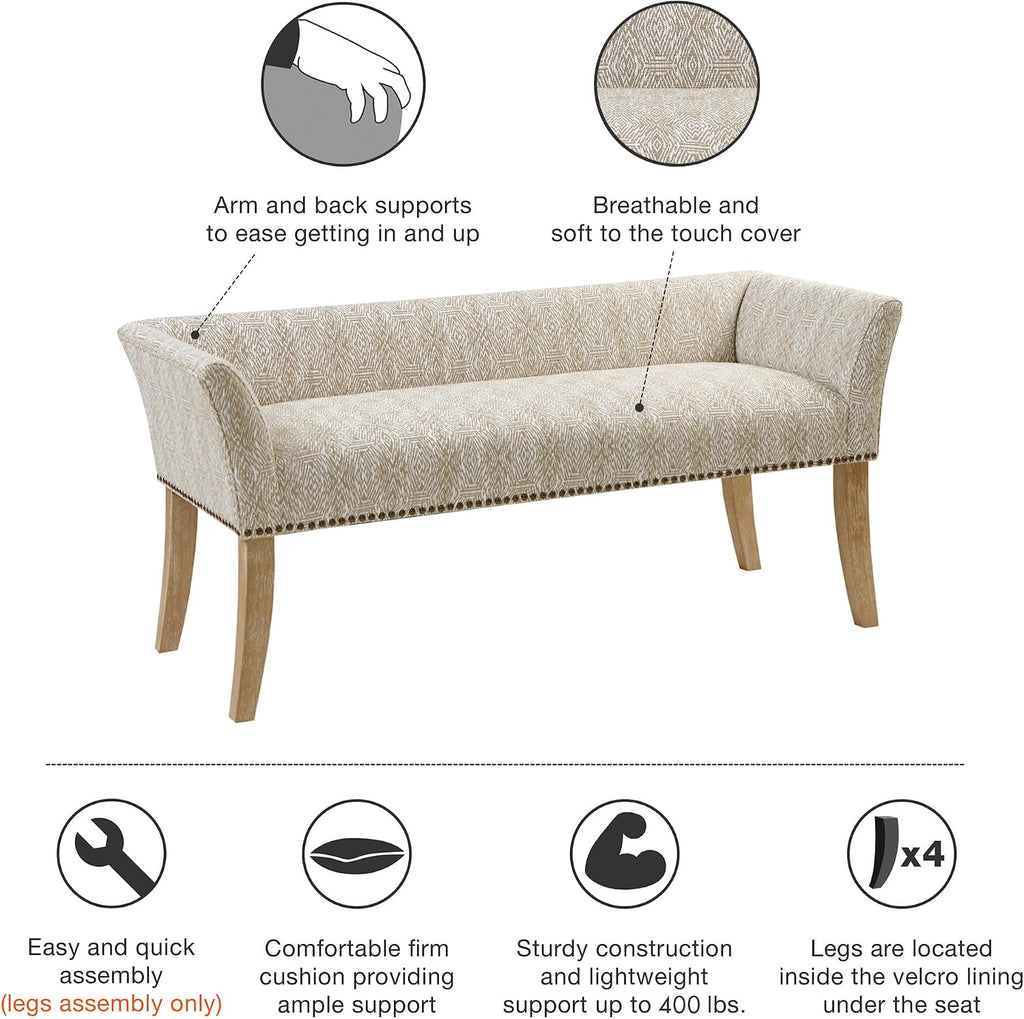 Madison Park Accent Bench for Living Room, Upholstered with Nailhead Trim, & Padded Seat Entryway Bench Small, End of Bed Bench with Back, 49.5" W x 19.25" D x 23" H, Taupe Multi